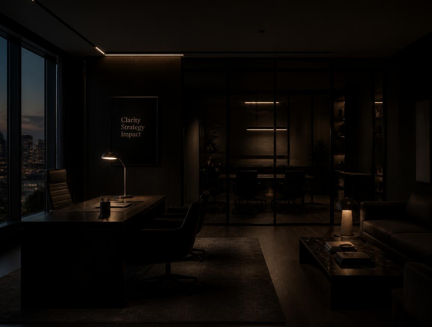 Dark, minimal advisory office interior at dusk